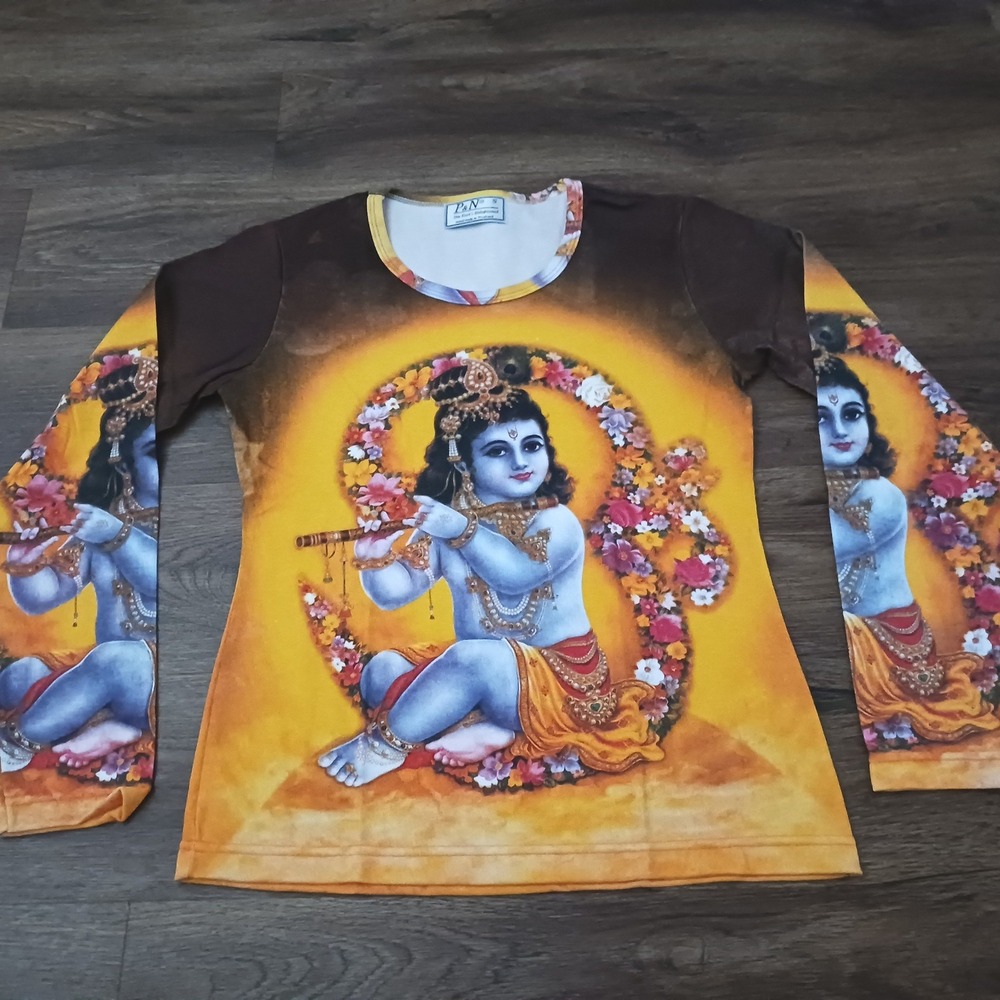 P&N The East's Enlightened Lord Krishna Graphic Long Sleeve Top Brown Yellow S